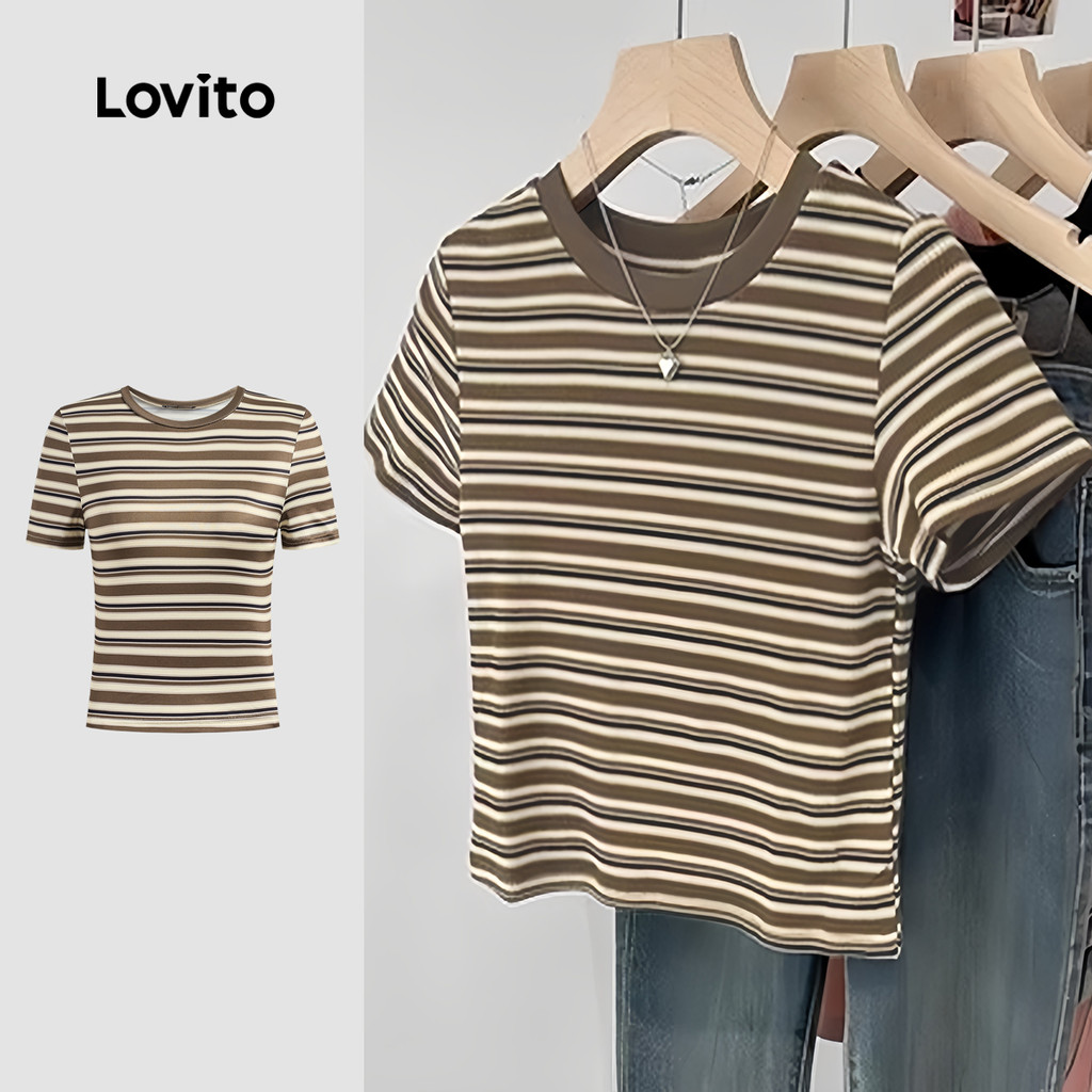 Lovito Camisa Casual de Manga Curta com Cores em Bloco Primavera/verão Camiseta Cáqui para mulheres L142ED232 em Oferta na Shopee