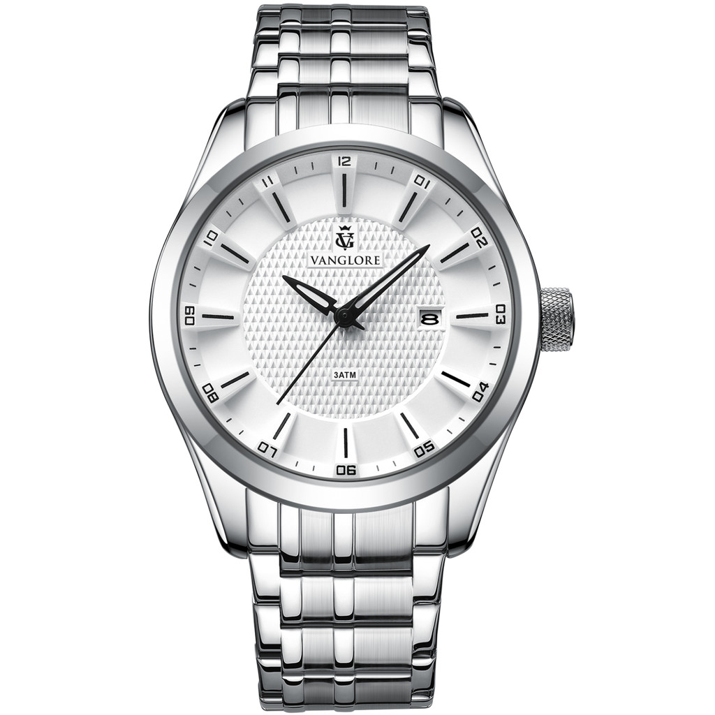Relógio Masculino Prata Aço Inox Mostrador Branco Grande 44mm Vanglore Nexus
