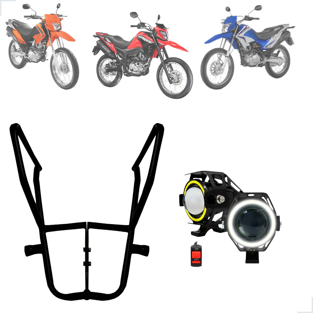 Kit Protetor de Carenagem + Farol de Milha U7 Angel Eye Branco Moto Bros 125/150/160 2016 até 2025