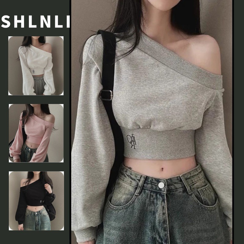 Estilo Americano Cor Sólida Cintura Fora Do Ombro Curto Hoodie Versátil Manga Comprida Minimalista Fino Moletom Feminino em Oferta na Shopee