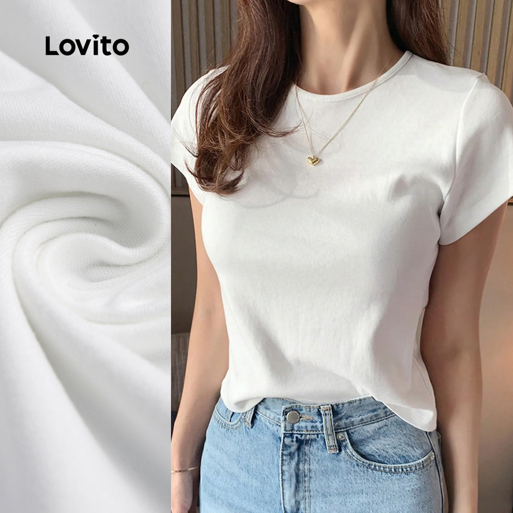 (New) Lovito Camiseta Casual Macia e Confortável Primavera/verão Camiseta Branca para Mulheres L143ED546 em Oferta na Shopee