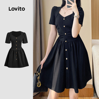 (New) Lovito Vestido Elegante com Botões para Primavera/verão Vestido Preto para mulheres L143ED158 em Oferta na Shopee