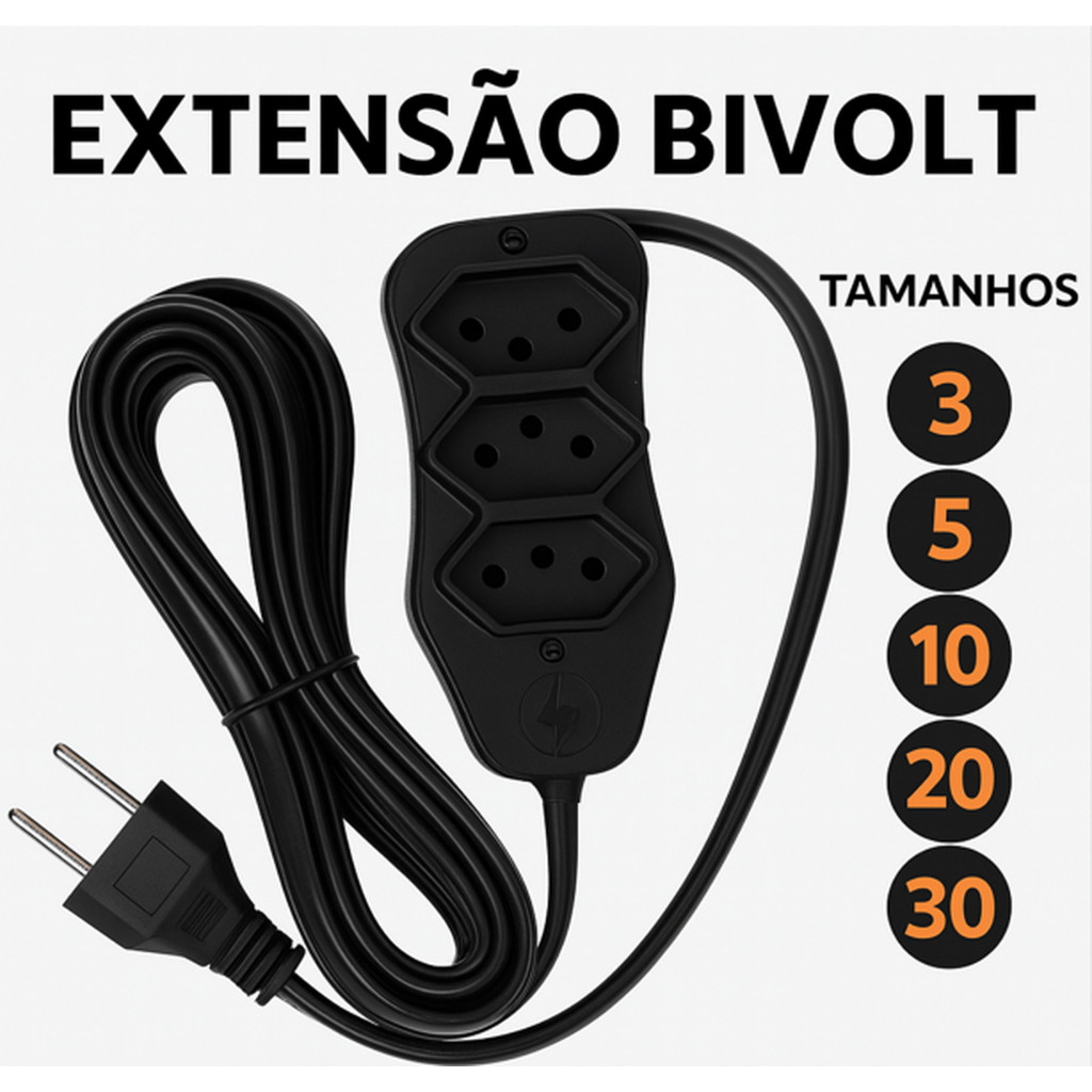 Extensão Elétrica Até 30 Metros 3 Tomadas Bivolt 10 Amperes Cabo Resistente