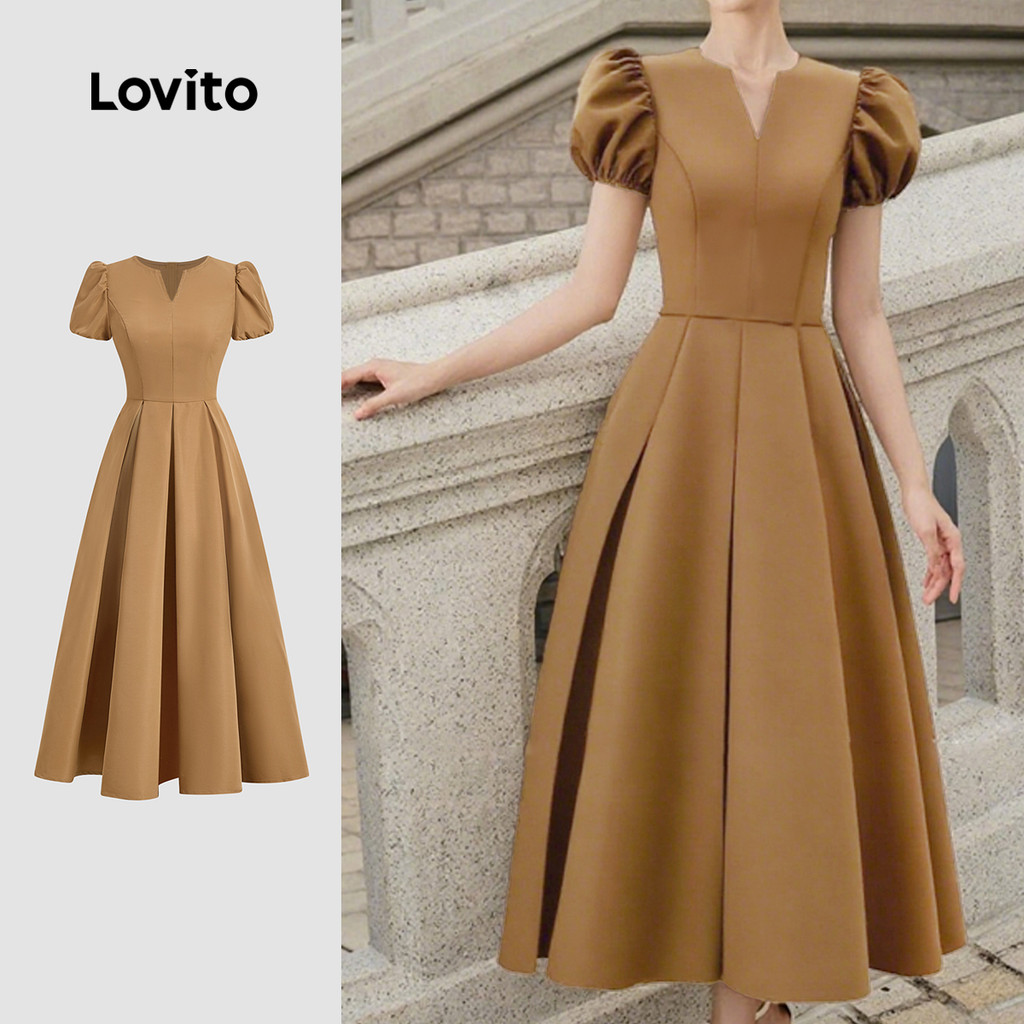 Lovito Vestido Elegante de Trem Pleated Estrutura Linha Primavera/verão marrom L143ED396 em Oferta na Shopee