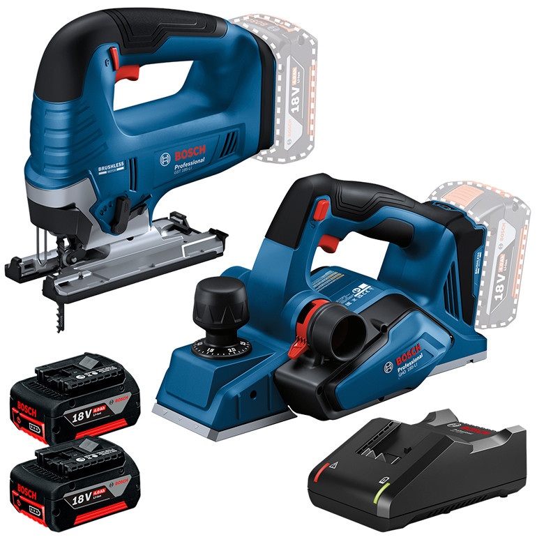 Kit Serra Tico-Tico GST 185-LI  Plaina GHO 185-LI  2 Baterias GBA 18V 4Ah e Carregador Bivolt GAL 18V-40