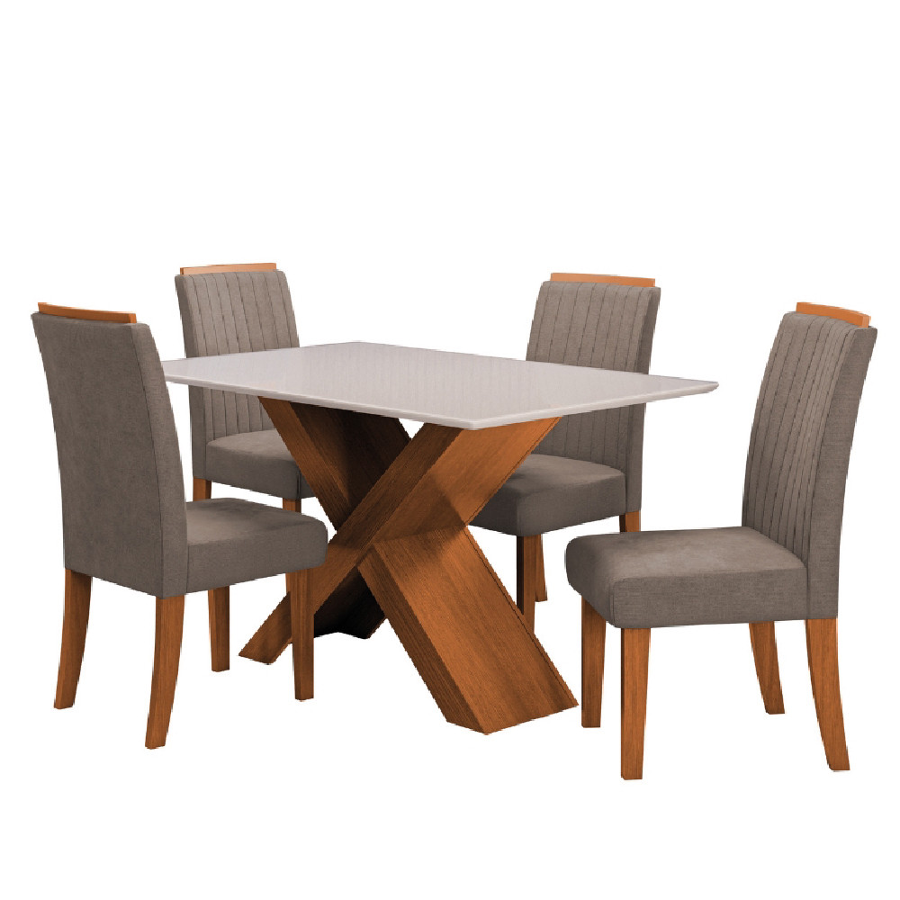 Conjunto de Mesa Sala de Jantar Tampo com Vidro 1,36m 4 Cadeiras Grécia Dobuê