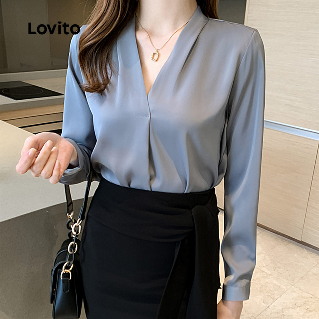 Detalhes do Lovito Blusa Azul Feminina Elegante com Estrutura de Linha para Todas As Estações LNE113038