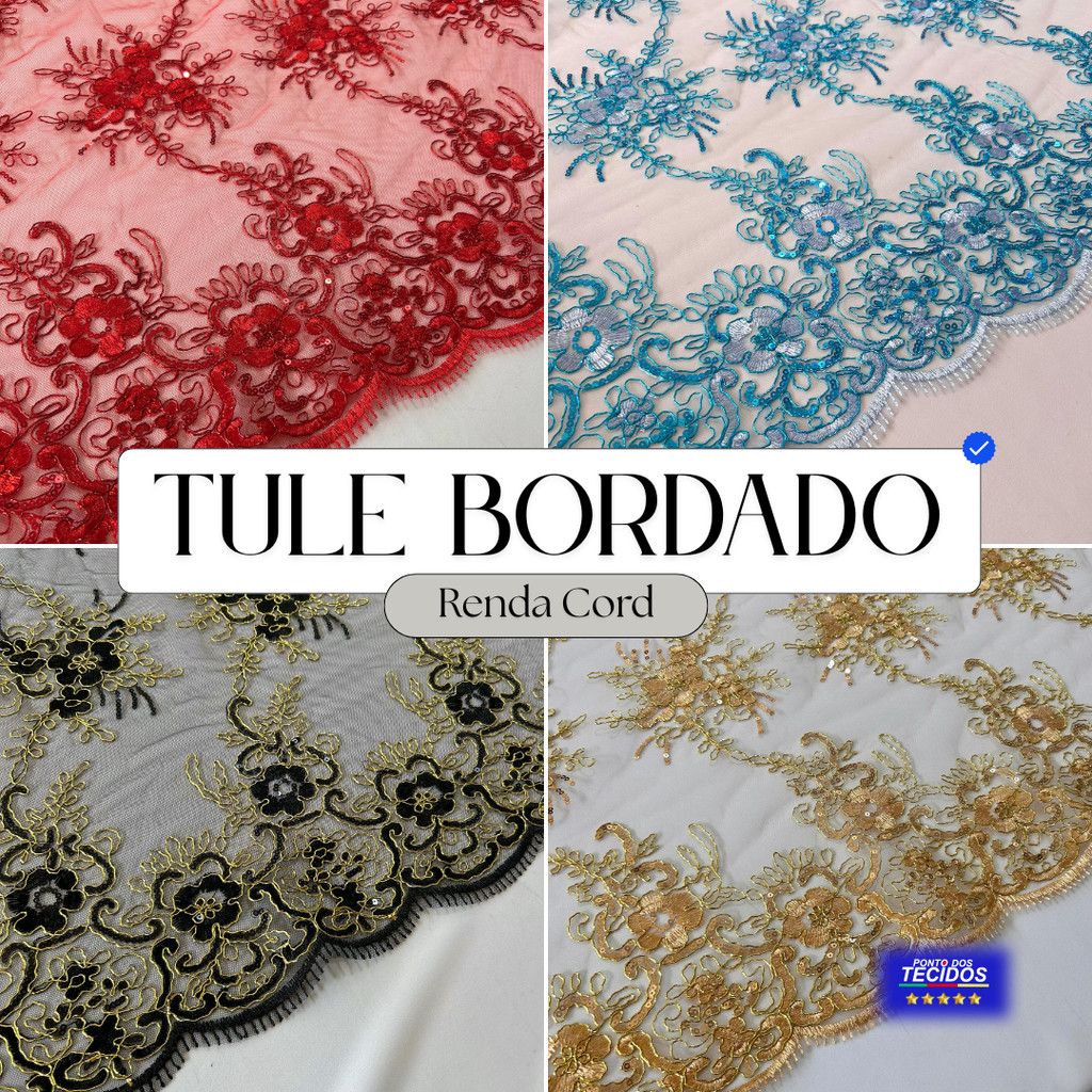 Tule Bordado Renda CORD METALIZADA Premium | 1m X 1,30m | Barrada Dos 2 Lados - Várias Cores