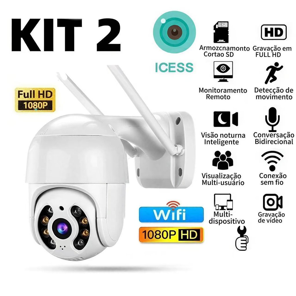 KIT Câmera Segurança Wifi Smart IP ICSEE A8 Áudio Infravermelho Sem Fio Casa