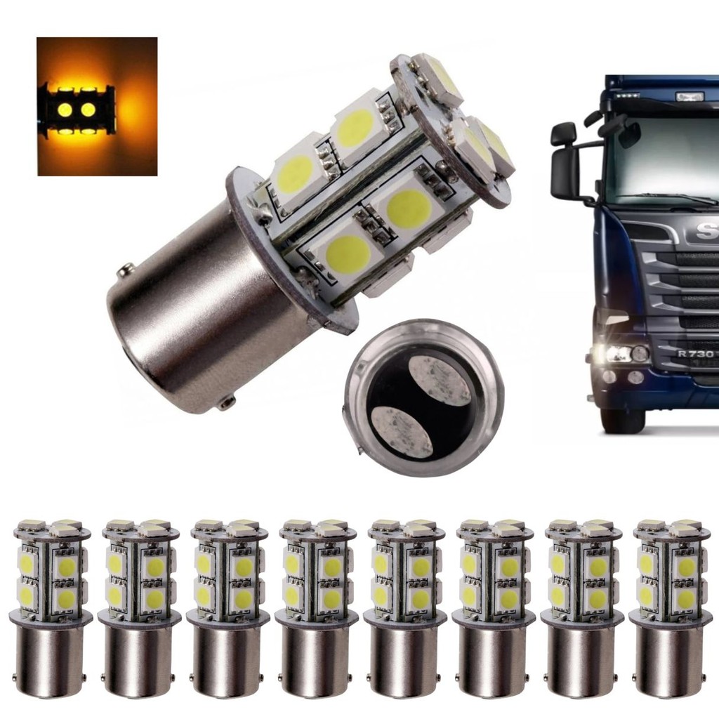 KIT 10 LAMPADA 13 LED BAY15D 2 POLO P21/5W 1157 1034 LARANJA 24V