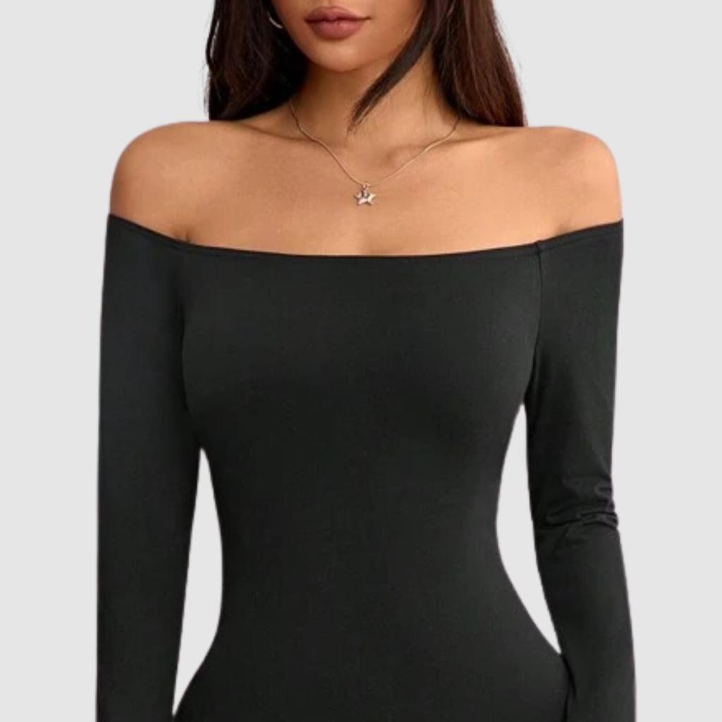 Vestido Longo Ombro a Ombro Fenda Lateral Manga Longa Elegante Lançamento 2026