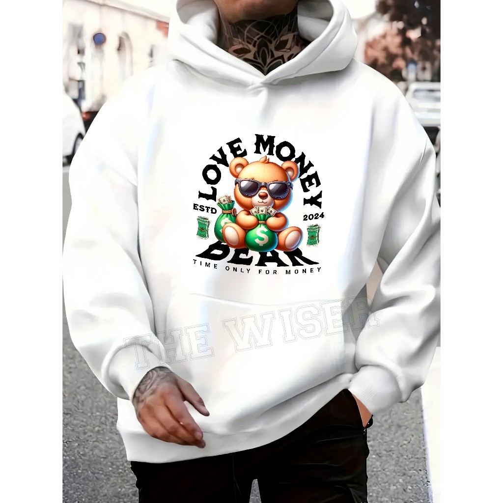 Moletom blusa de frio Canguru StreetWear Com Capuz Estampa de Love Money Bear Blusa de Frio Masculino e Feminino