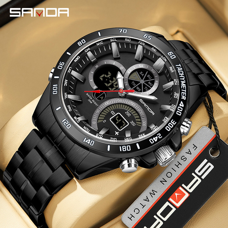 Sanda New Business Trend Men Workplace Watch Esportes Relógio Noturno À Prova D'água Homens Com Dupla Exposição SD3175-8