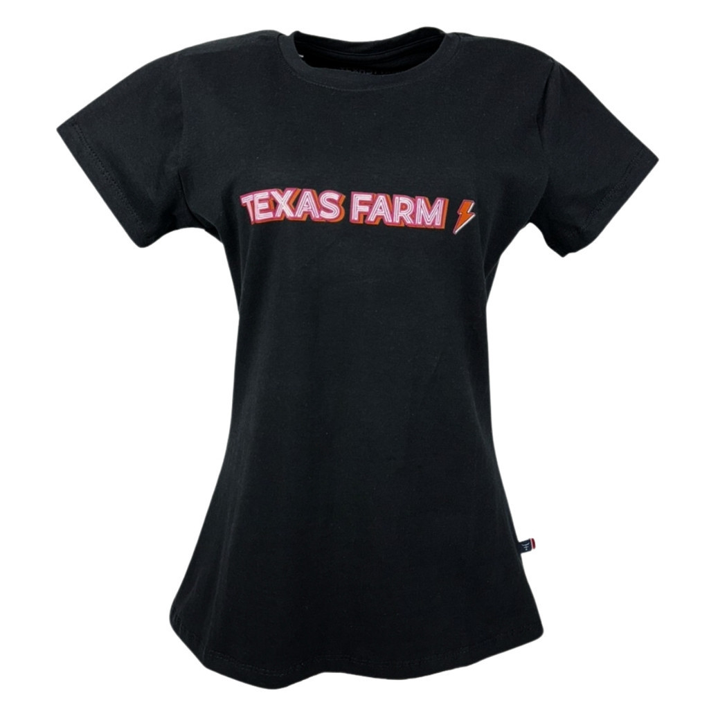 Camiseta Feminina Texas Farm Manga Curta Preta Com Estampa Rosa E Laranja Moda Country Básica Dia A Dia