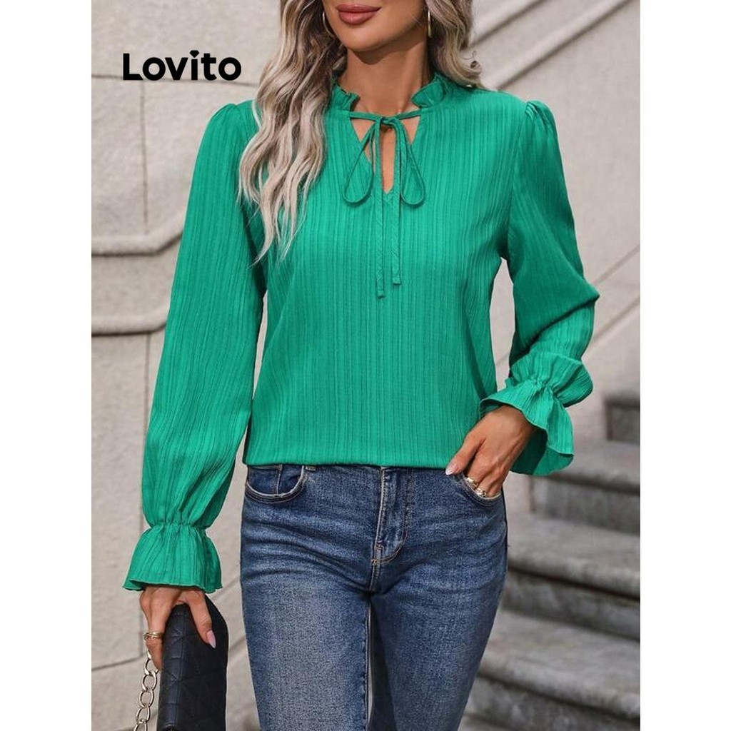 Lovito Blusa casual lisa com babados com renda para mulheres LNL74009
