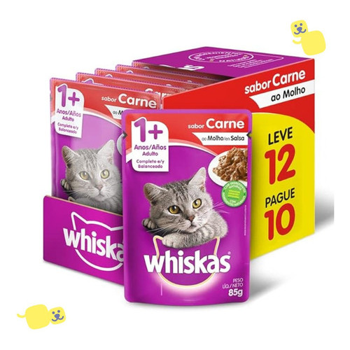 Kit 12 Sachês Whiskas Alimento Úmido Gatos Adultos 1+ Sabor Carne Ao Molho 85g Cat Proteín...