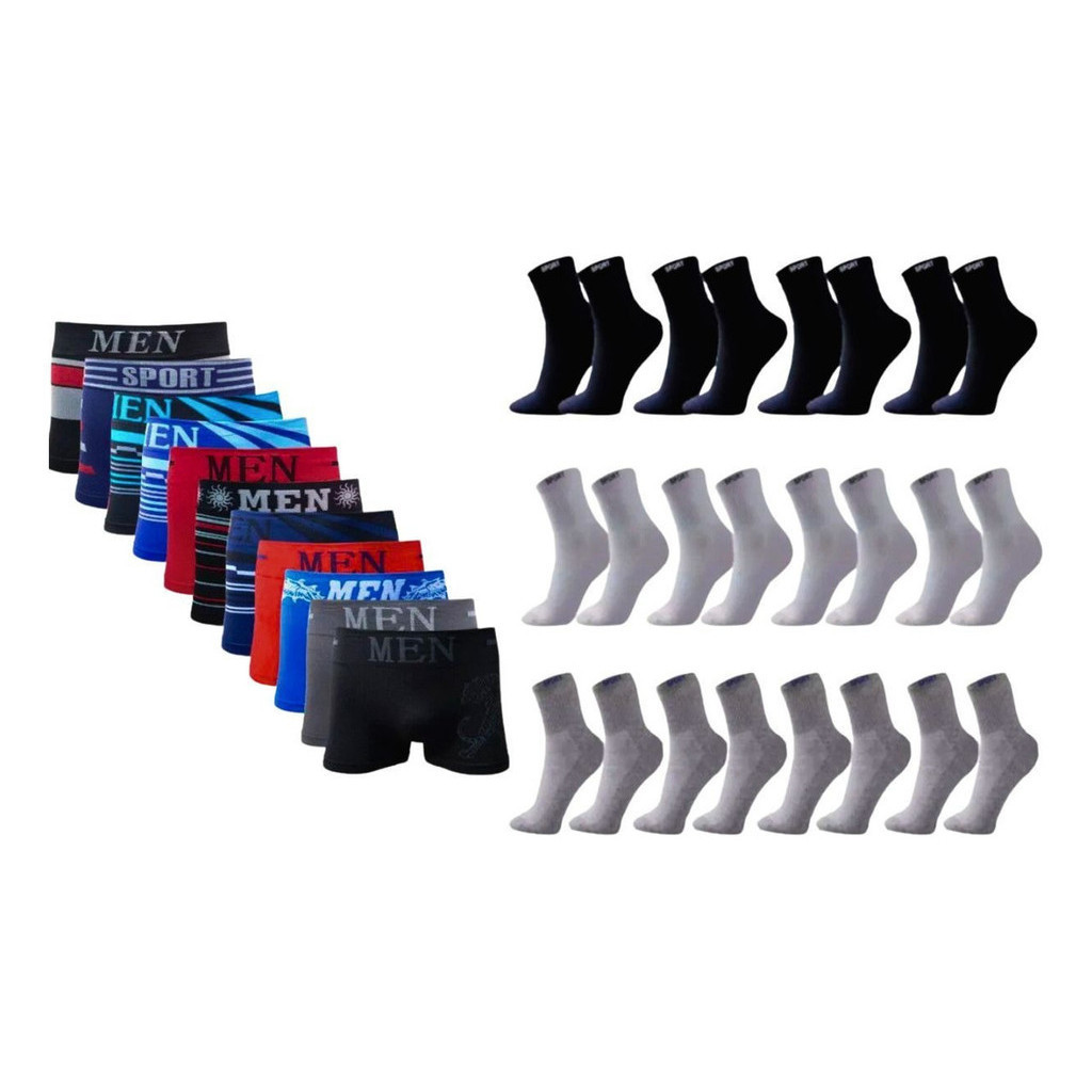 Kit 10 Cueca Boxer E Meia 12 Pares Soquete Cano Alto