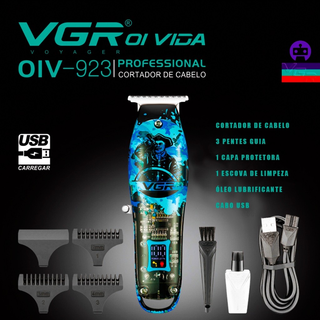 Maquina de cabelo profissional Visor Display LCD Vgr OIV-923 Camuflado Sem fio Barba Cabelo Barbeiro