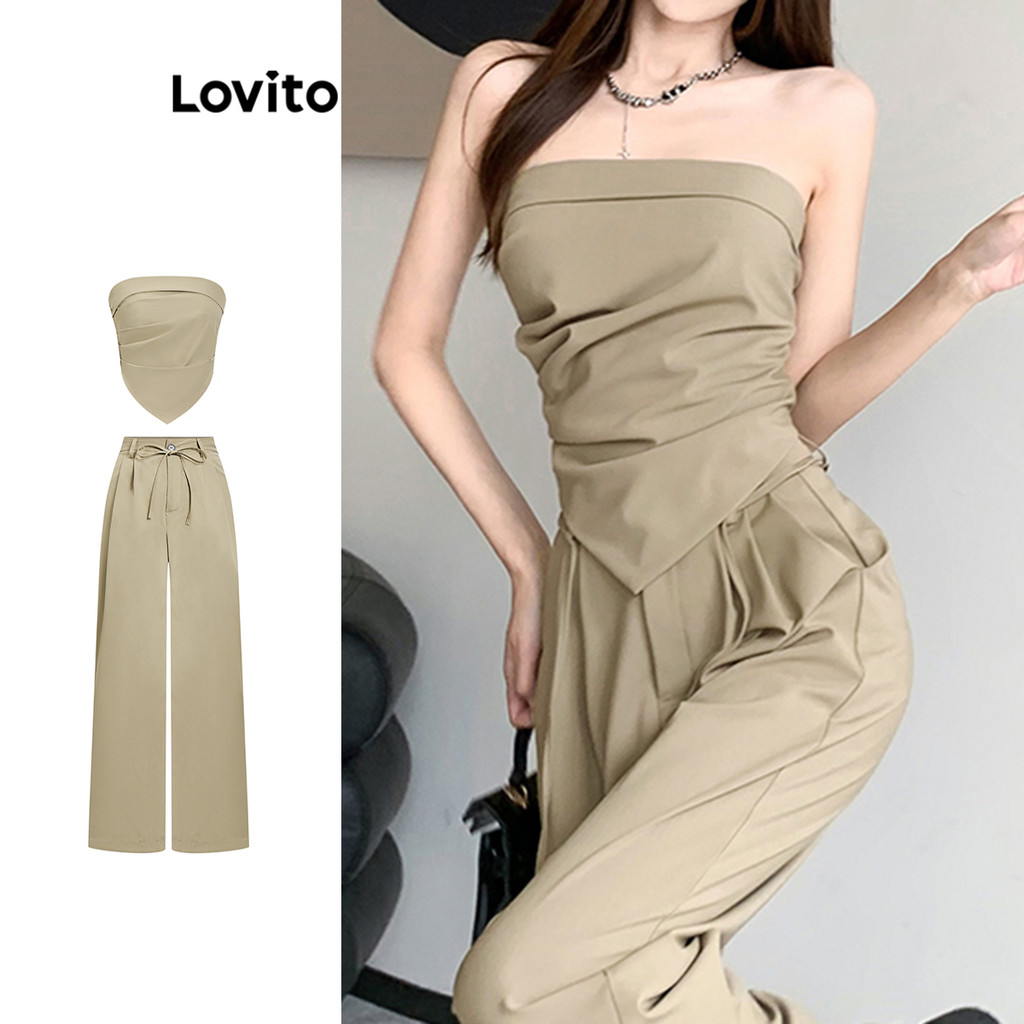 Lovito Conjuntos De Calças Casuais Com Cordões Lisos Ou Calças Plissadas Para Mulheres L98AD223 - Women Clothes