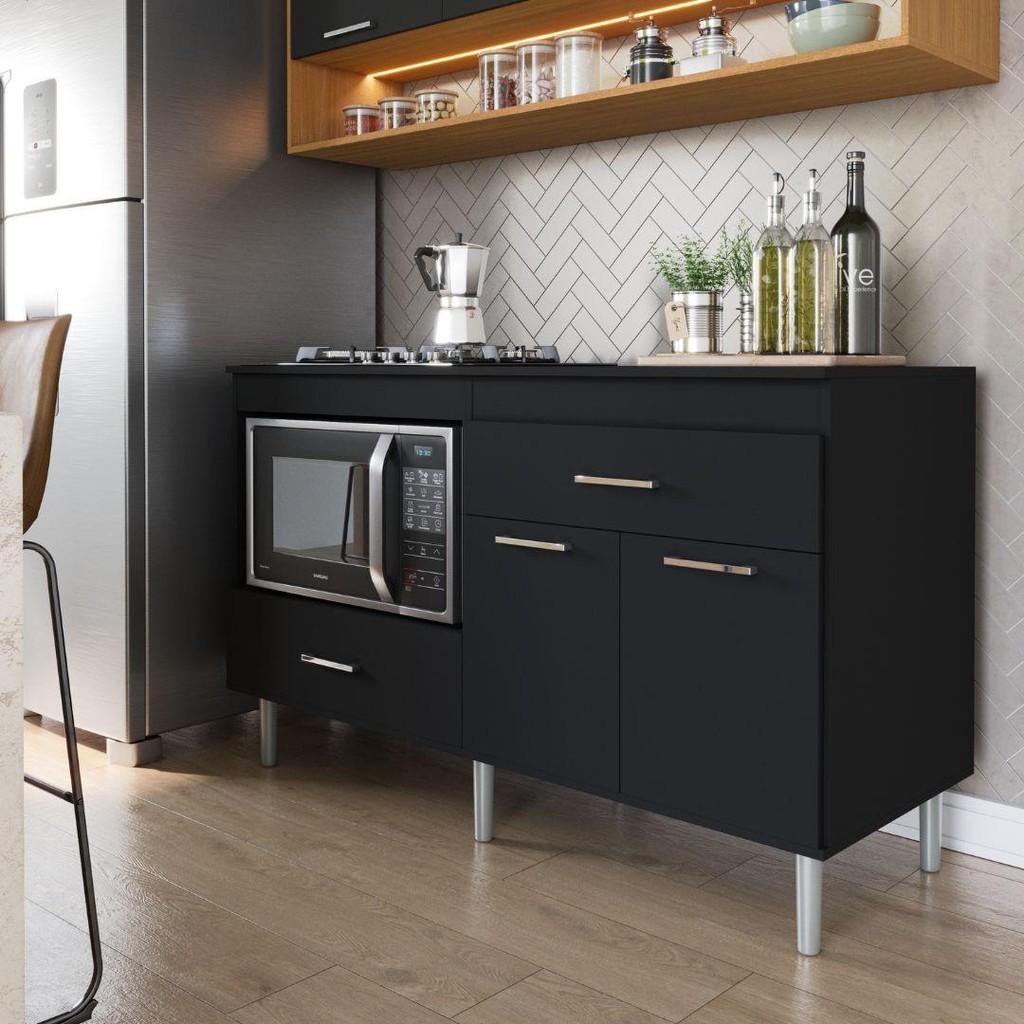 Balcão Armário Para Cooktop 1,40m 5 Bocas 1 Nicho Com 2 Portas E 2 Gavetas Turim Preto Movelove