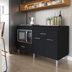 Balcão Armário Para Cooktop 1,40m 5 Bocas 1 Nicho Com 2 Portas E 2 Gavetas Turim Preto Movelove