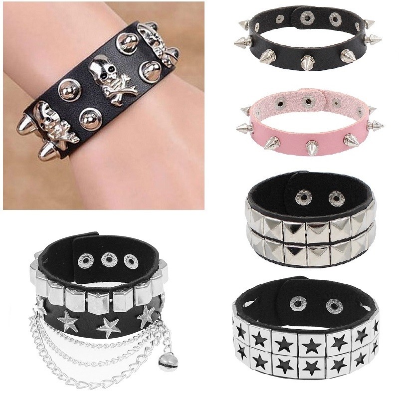 Punk Couro Rebite Pulseira Ajustável Feminino Masculino Gótico Com Corrente De Metal Crânio Manguito Jóias em Oferta na Shopee