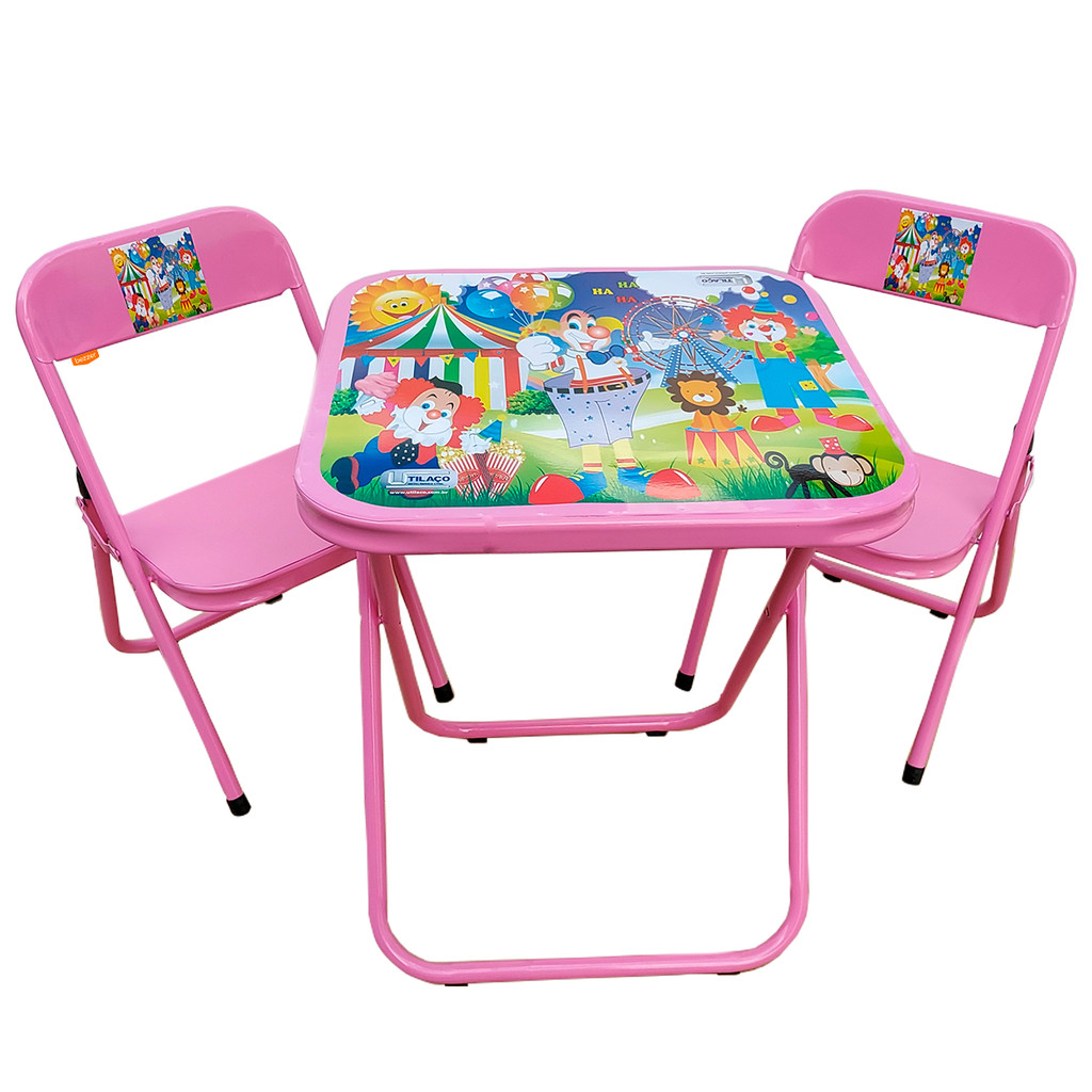 Conjunto Mesa Infantil 2 Cadeira até 40 kg Mesinha Rosa Azul Branco Preto Estampa Zoo ou Circo