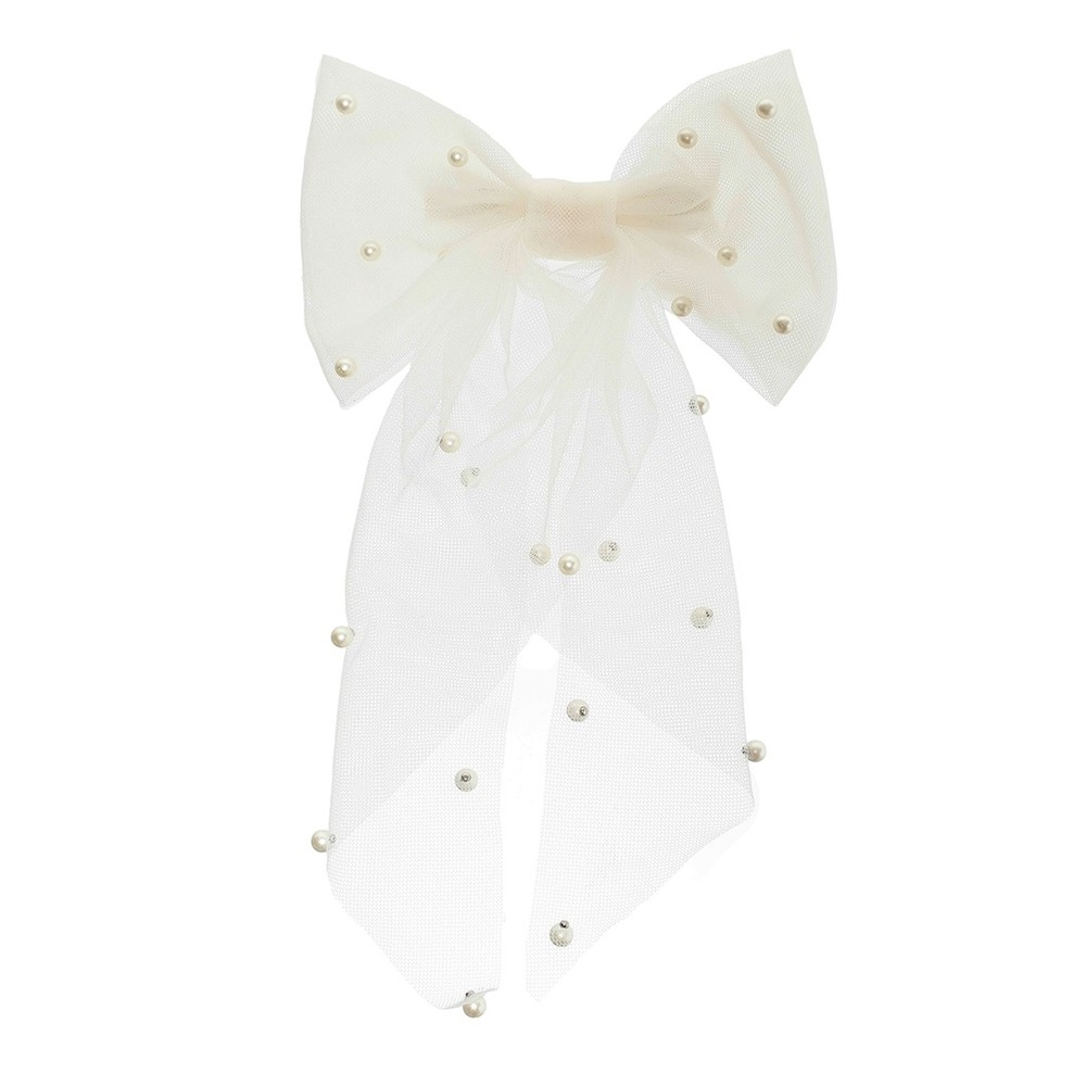 LAÇO DE CABELO FERNANDA TULE BRANCO COM PÉROLAS PIUKA - Fashion Accessories