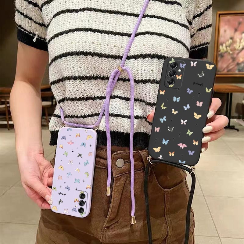 Capa De Telefone De Silicone Com Cordão De Borboleta Colorida 14 Para Samsung A14 A10 A10S A11 A12 A13 A15 A16 A22 A23 A