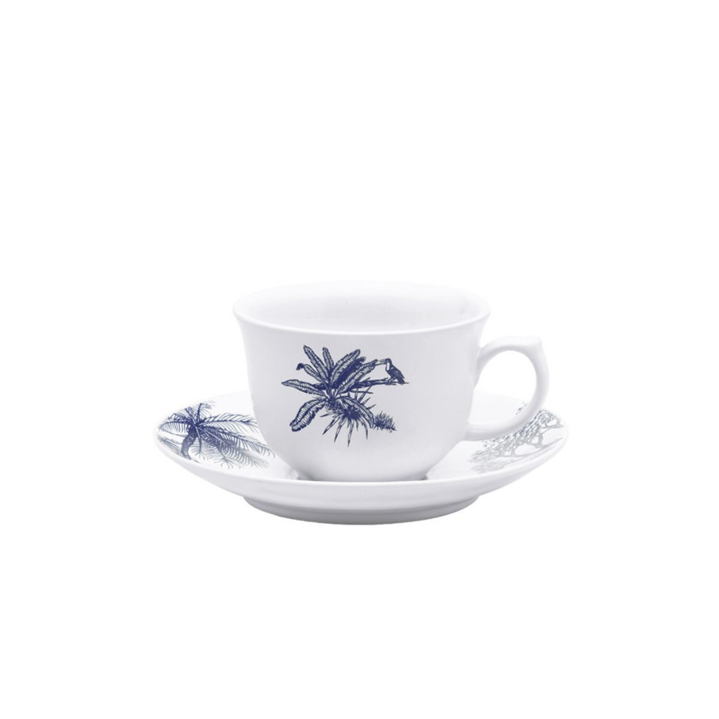 Xícara De Chá 240ml Com Pires 15cm Flamingo Toile De Jouy Porcelana Oxford Luxo Jogo Mesa Posta Premium
