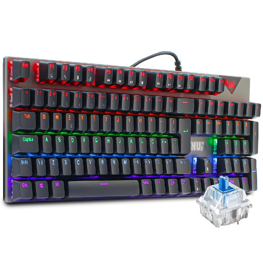 Teclado Mecânico Gamer RGB LED ABNT2 Switch Blue com Antighosting USB e 24 Modos de Luz