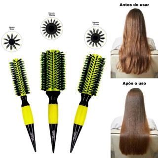 Escova De Cabelo Térmica Amarela Cerdas De Javali Mista Madeira em Oferta na Shopee