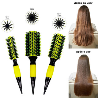 Escova De Cabelo Térmica Amarela Cerdas De Javali Mista Madeira