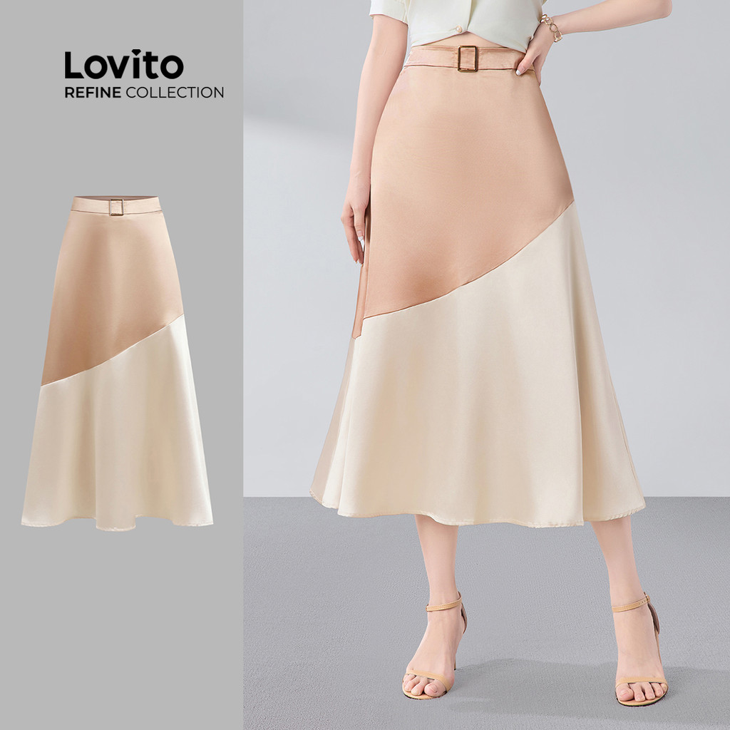 (Lovito Refine) Saias Elegantes Tecido De Metal Costura Colorblock Saias De Primavera/Verão Para Mulheres LR12E016