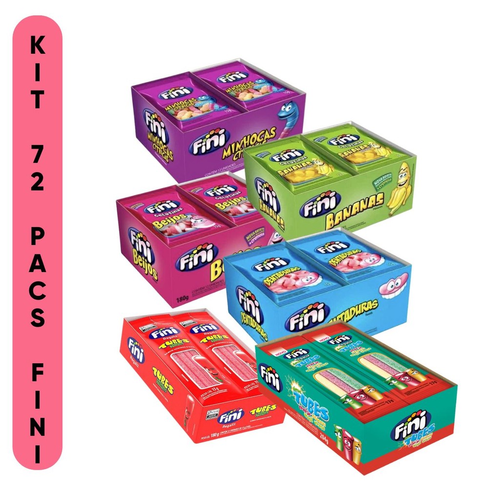 Kit 72 Pacotinhos Fini 15g Cada três Cores Morango Minhoca Azedinha Dentadura Banana Beijinho