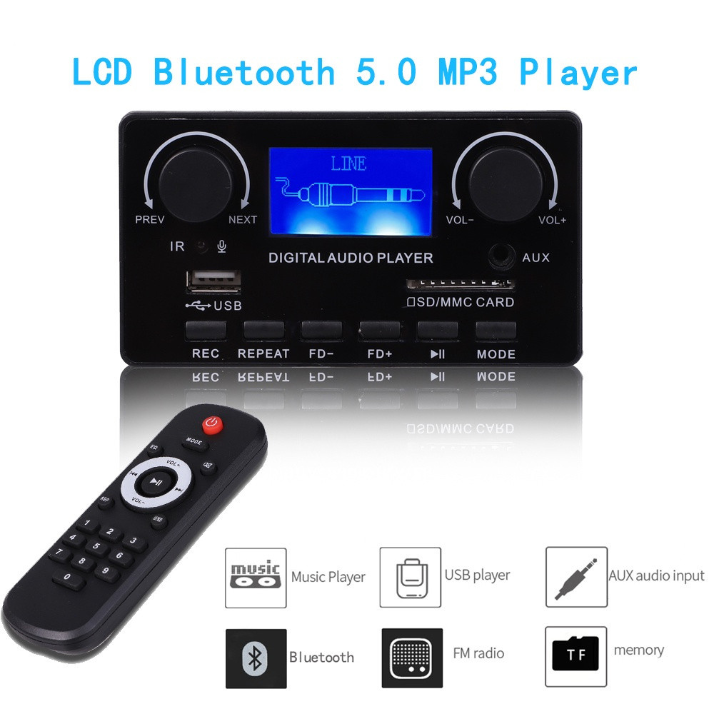 Placa Decodificadora LCD Bluetooth 5.0 com Display de Letras, Suporte para Gravação Mãos-Livres, Rádio FM, DC 12V, MP3,