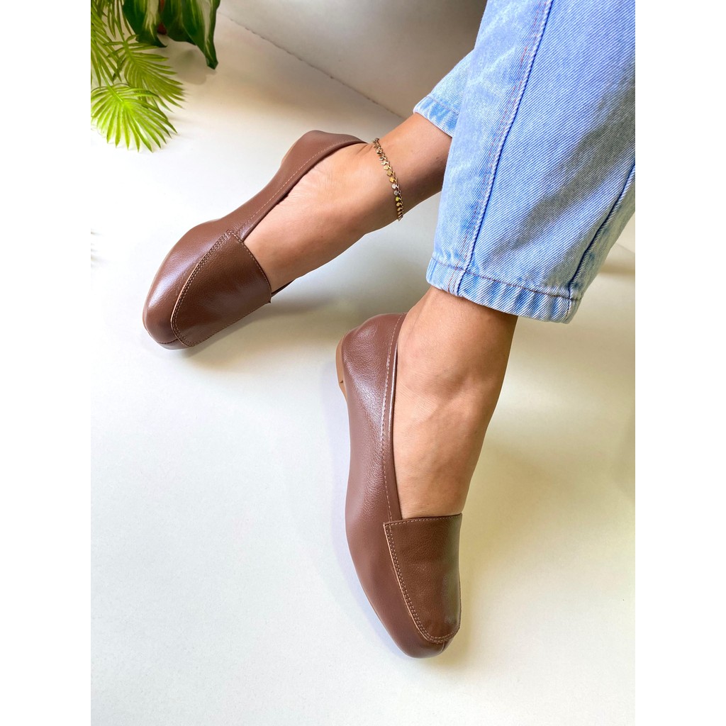 Mocassim Feminino Marrom Couro Legítimo Confort Luxo Sapatilha Marrom Marca Nilza Camargos Sola TR Macia