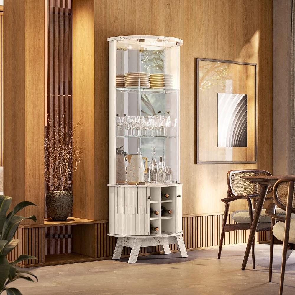 Cristaleira para Sala de Jantar 4 Portas Vidro Curvo com Espelho Led e Nicho Garrafeiro Marina Calacata/Offwhite em Oferta na Shopee