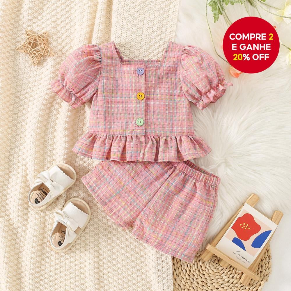 Conjunto de Roupas Baby Girl Algodão Vermelho Top com Puff Sleeves e Shorts Xadrez