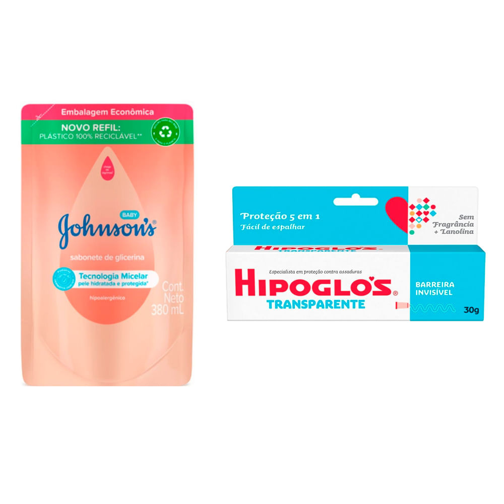 Kit Sabonete Líquido de Glicerina Johnson's Baby Refil 380ml e Hipoglós Transparente Pomada Contra Assadura 30g - Mom & Baby
