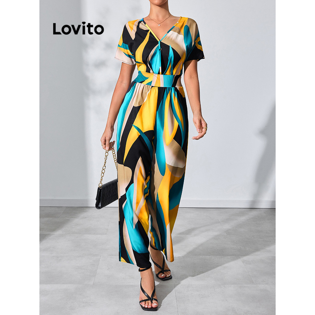 (Trendy) Lovito Macacão Boho Geométrico Smocked Macacão De Manga Curta Para Mulheres LBL15452 - Women Clothes