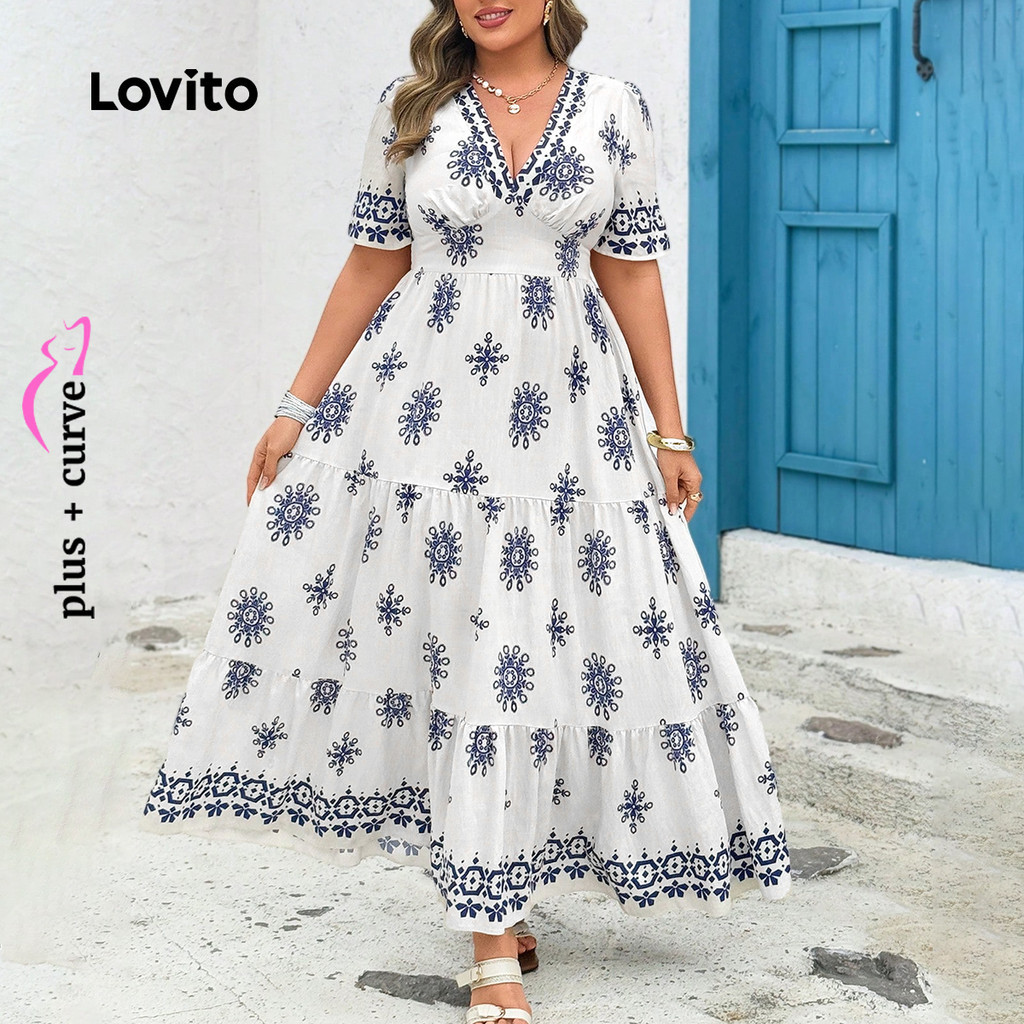 (Trendy) Lovito Vestido Plus Size curva Boho com estampa Tribal para mulheres LBL24308 - Women Clothes