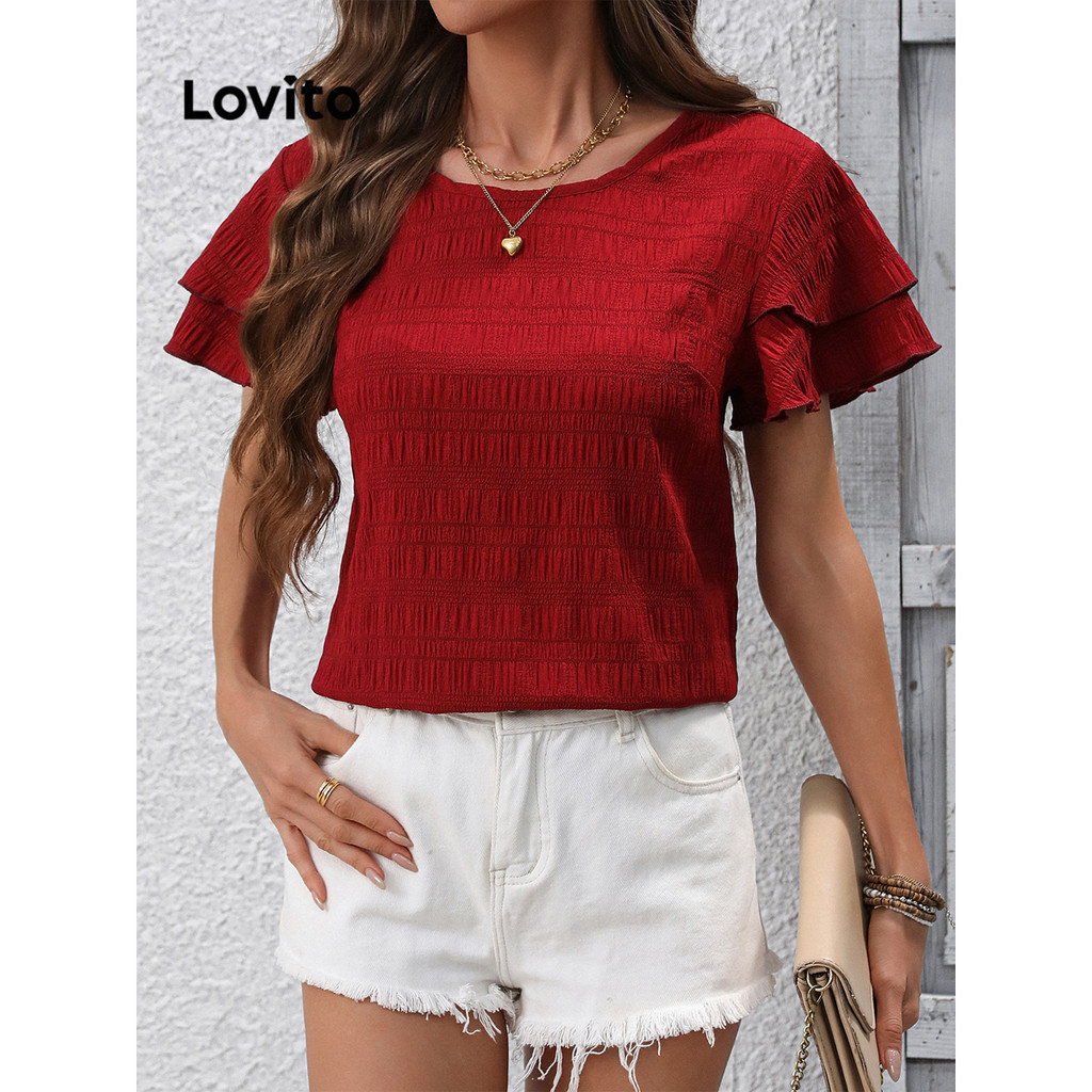(Trendy) Lovito Blusa Casual Blusa Lisa Com Babados Para Mulheres LBL16611 - Women Clothes