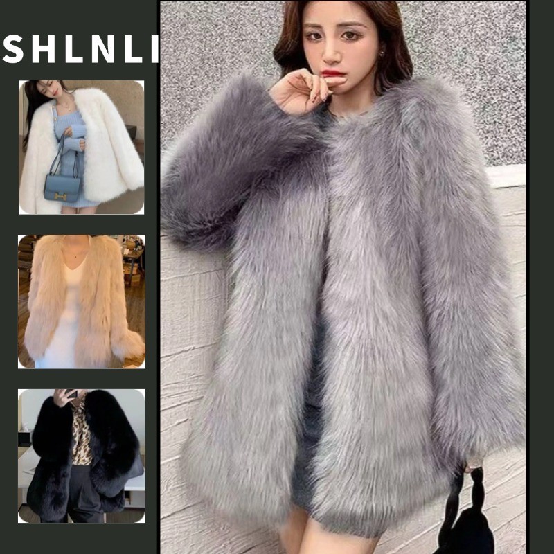 Outono E Inverno Feminino Com Decote Em V Manga Comprida Imitação De Pele De Raposa Quente Jaqueta Comprimento Médio em Oferta na Shopee