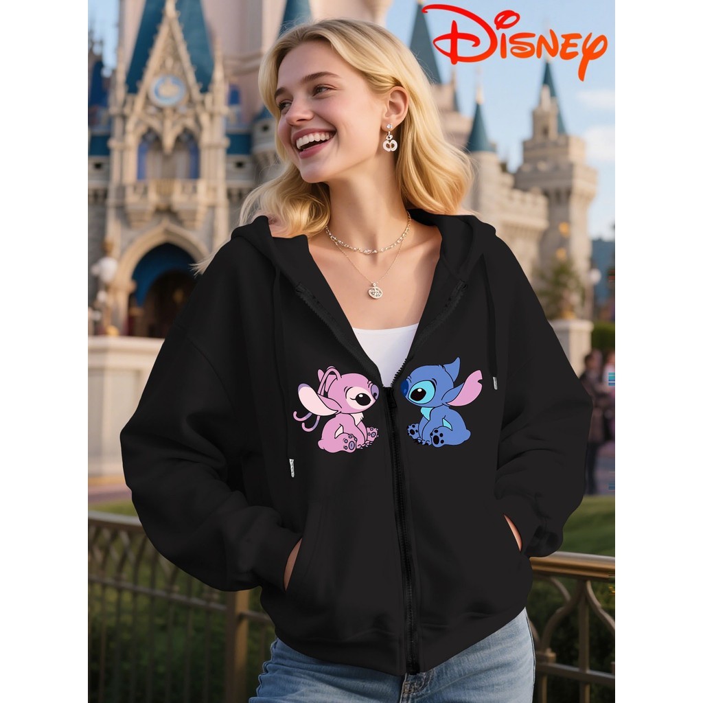 Moletom feminino com ZIPER estampa de desenho animado Stitch & Angel