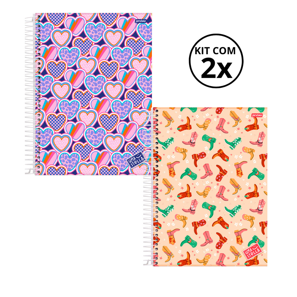 Kit 02 Cadernos Universitário 1 Matéria 80 Folhas Stella - Jandaia CAPA:Coração/Bota