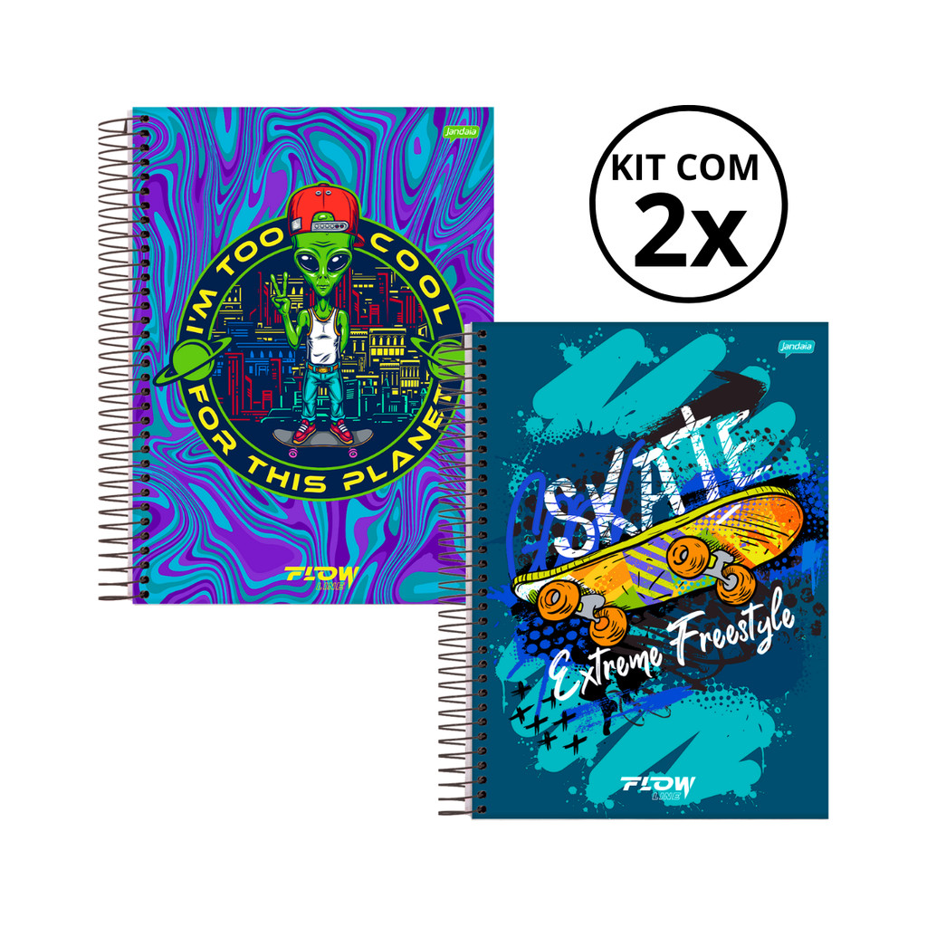 Kit 02 Cadernos Universitário 10 Matérias 160 Folhas Flow - Jandaia CAPA:Alien/Skate em Oferta na Shopee