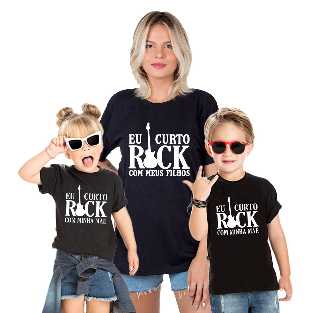 Kit Tal Pai Mãe e Filhos KIT 3 Camisetas Eu Curto Rock Com Minha Mãe e Com Meus Filhos 100% Algodão