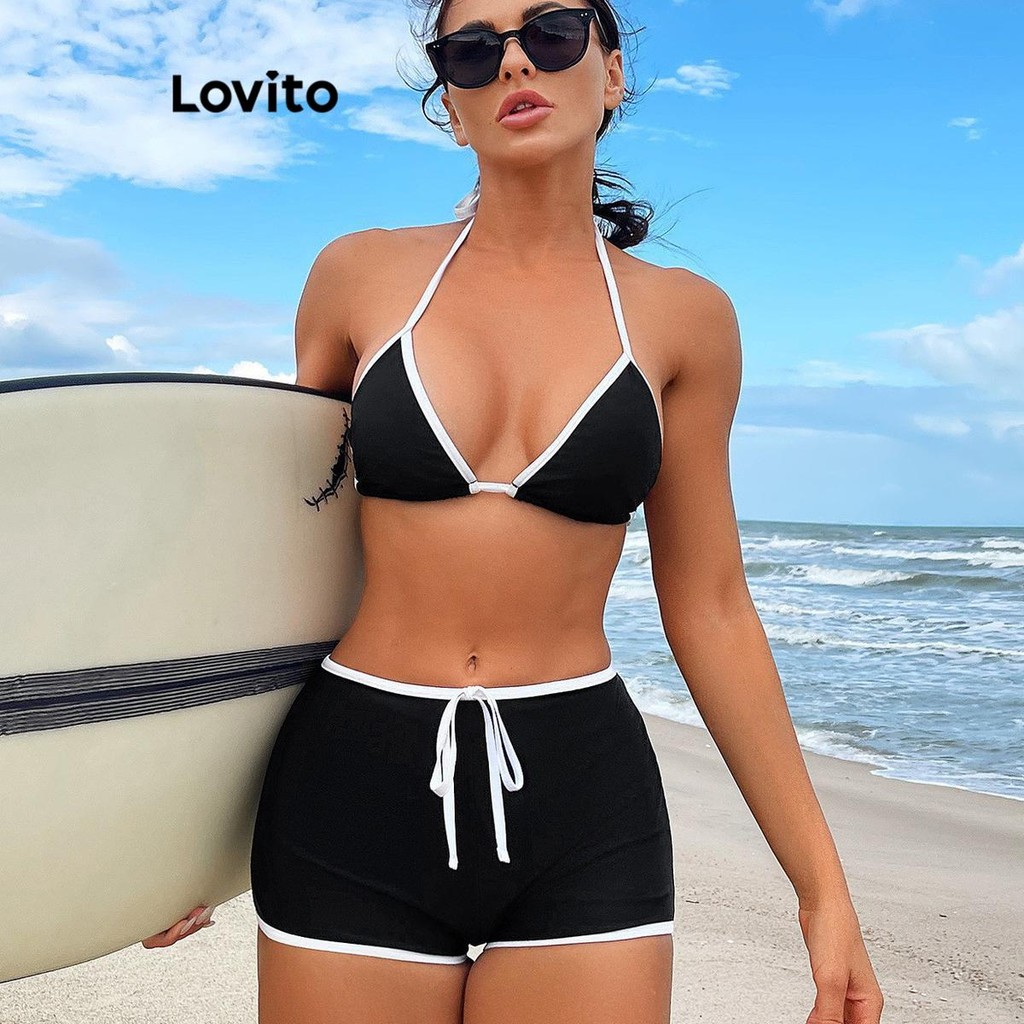 Lovito Conjuntos De Biquíni Casuais Com Amarração De Contraste Liso E Conjuntos De Biquíni Para Mulheres LNL77386 - Sports & Outdoors