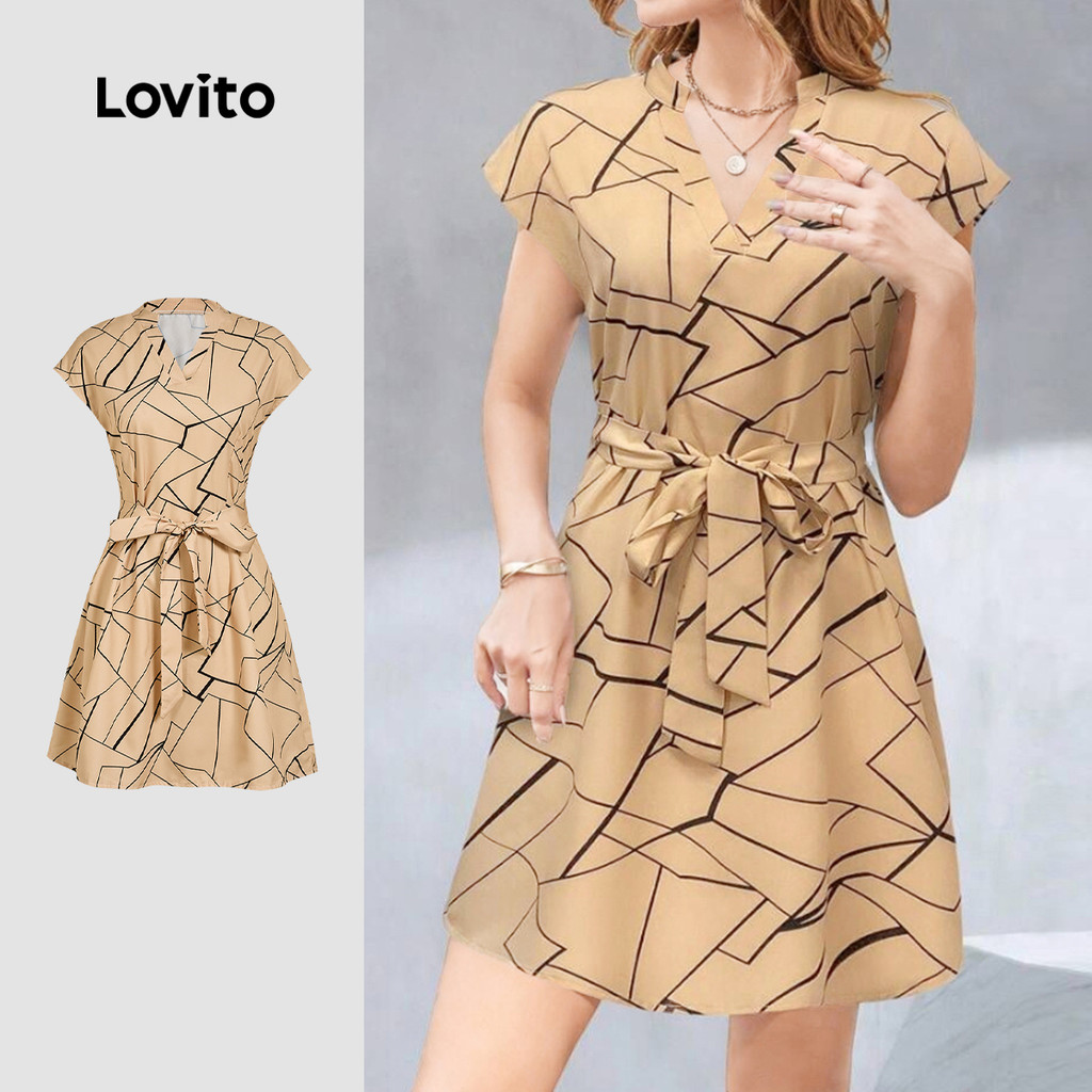 Lovito Vestido Casual Geométrico com Laços Primavera/verão Caqui para Mulheres L143ED121 em Oferta na Shopee
